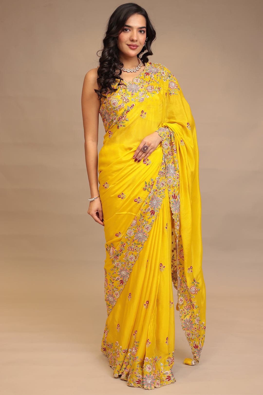 Chinon Saree with Sequins, Thread, Zari work.