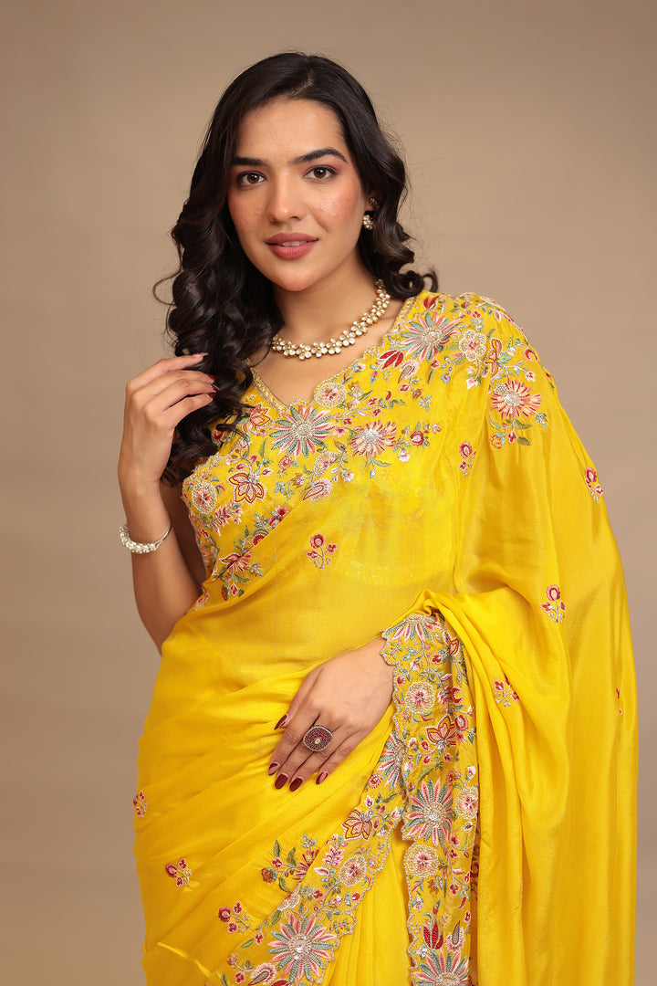 Chinon Saree with Sequins, Thread, Zari work.