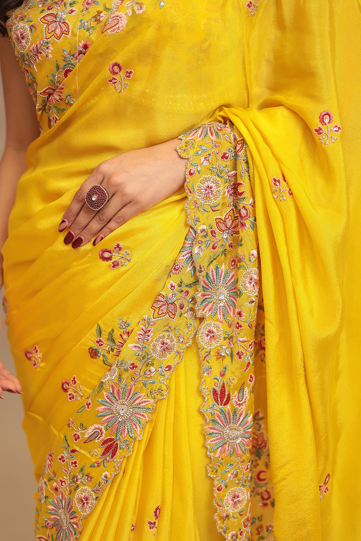 Chinon Saree with Sequins, Thread, Zari work.