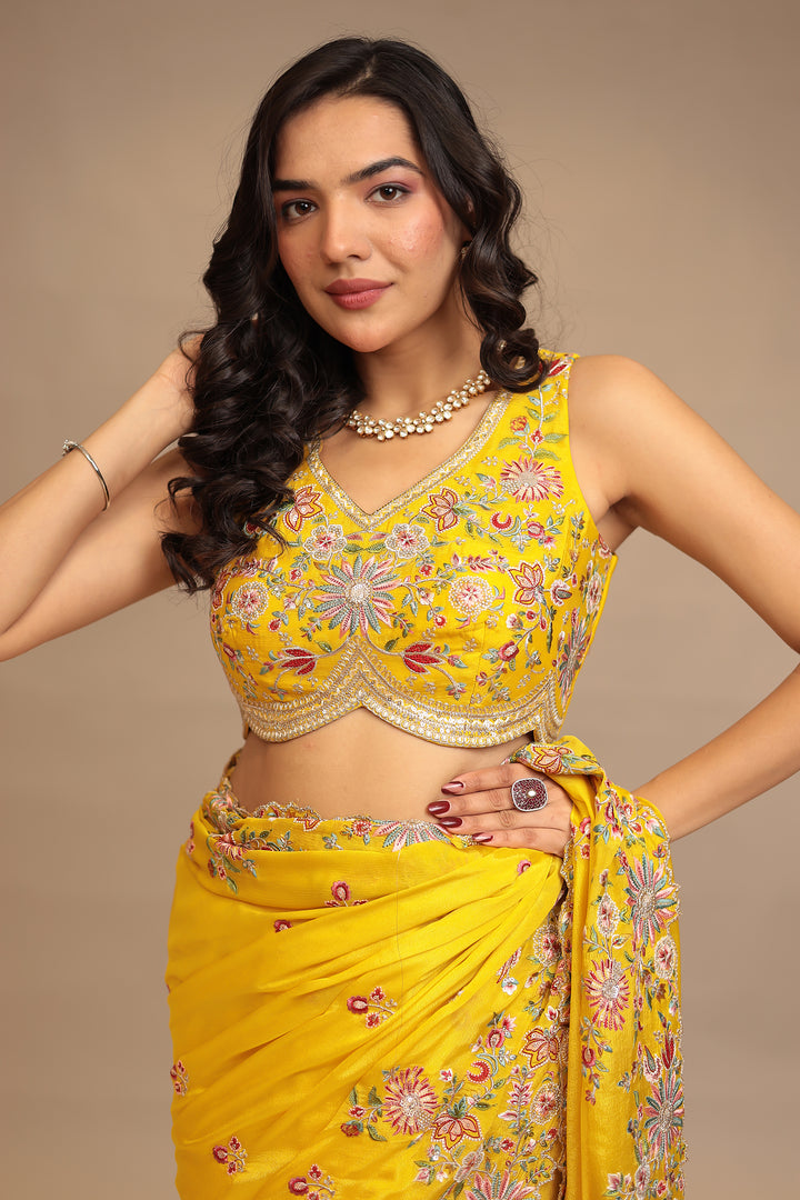 Chinon Saree with Sequins, Thread, Zari work.