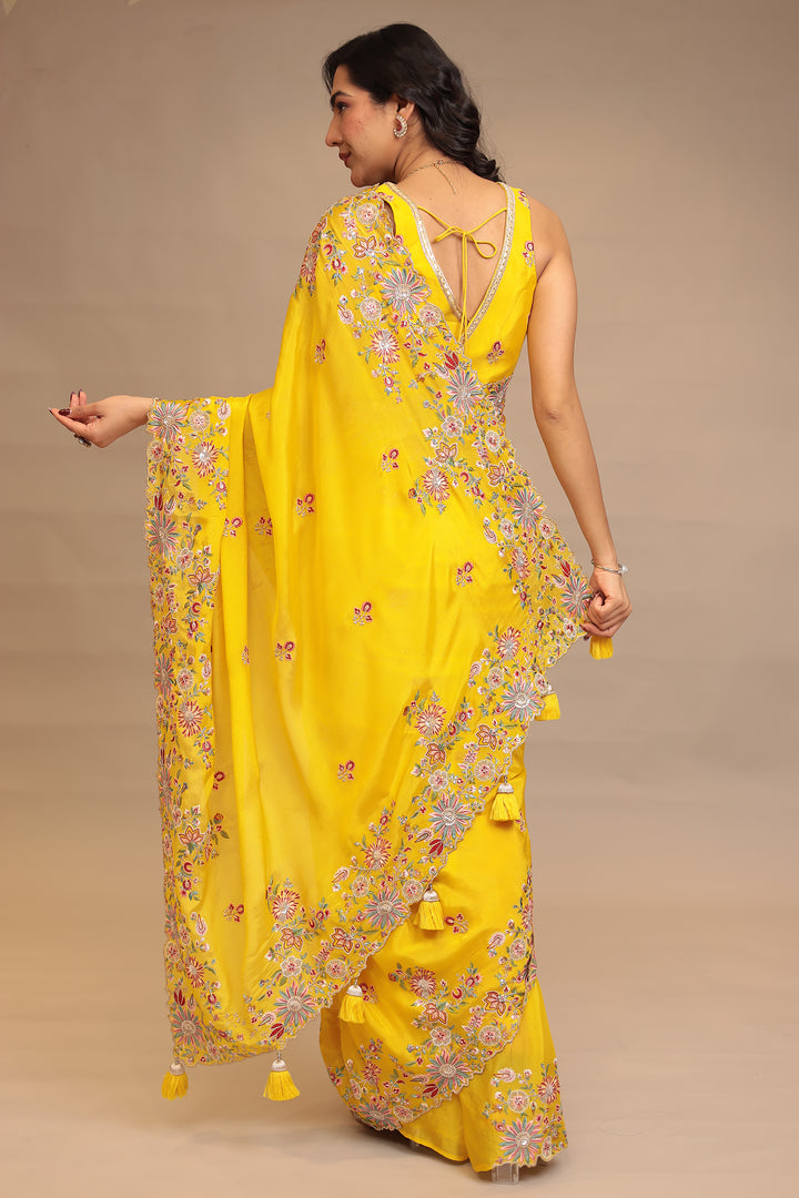 Chinon Saree with Sequins, Thread, Zari work.