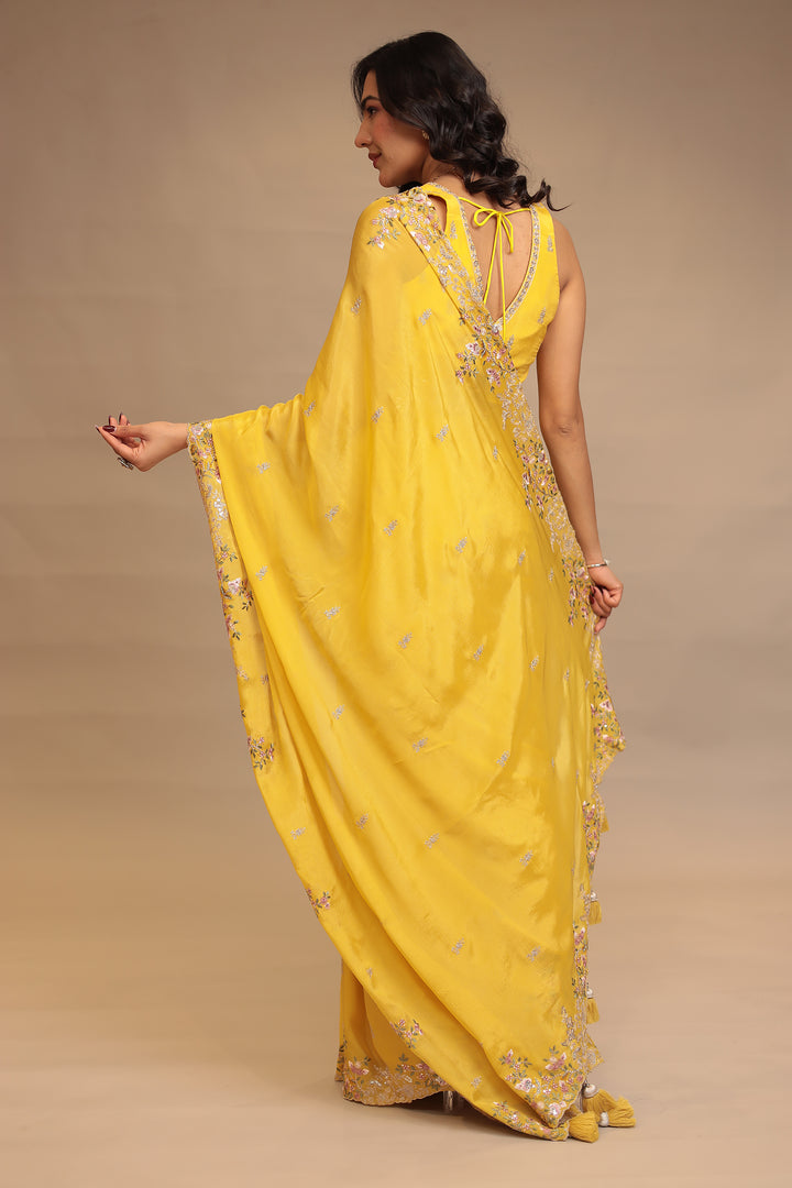 Chinon Saree with Sequins, Thread, Zari work