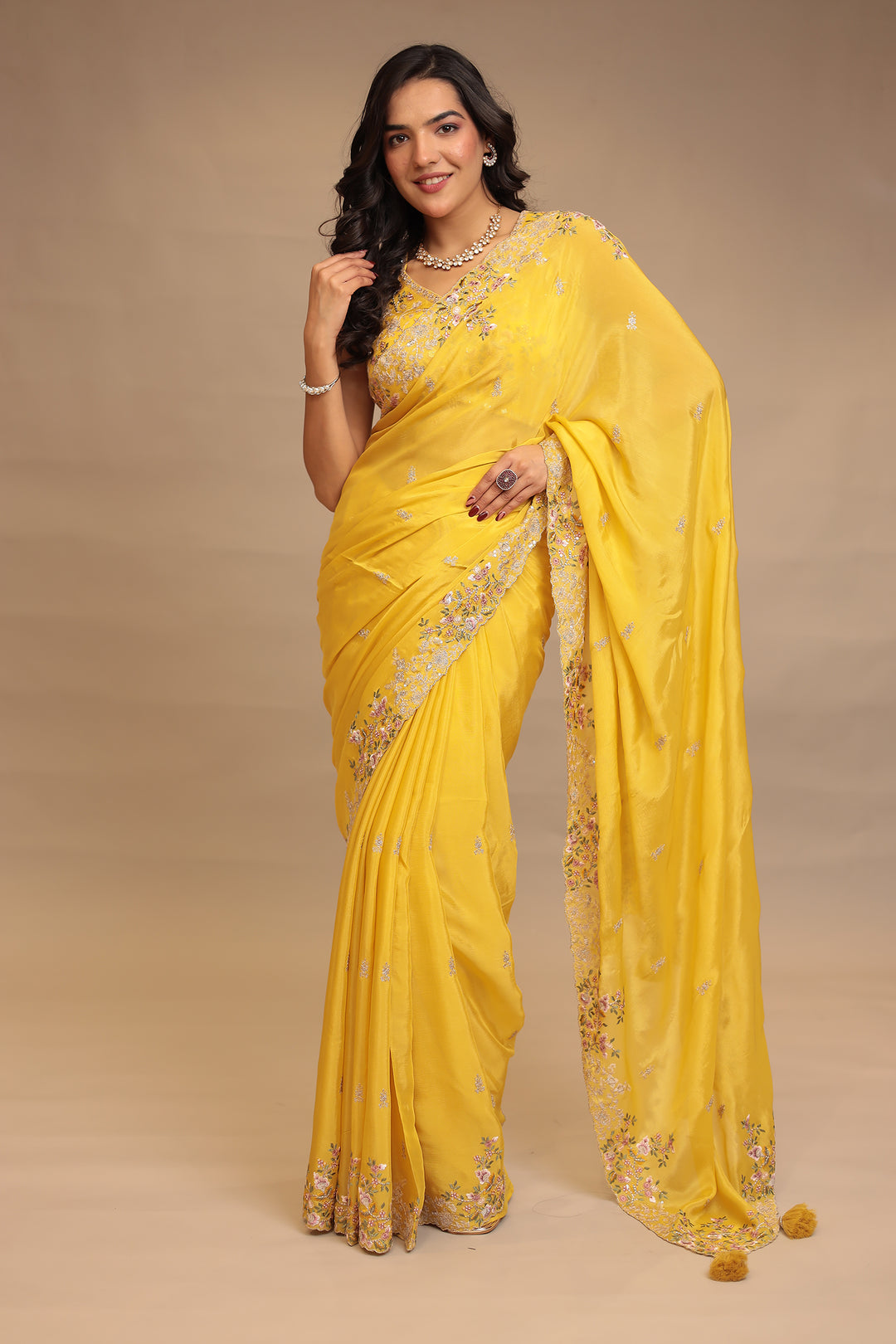 Chinon Saree with Sequins, Thread, Zari work