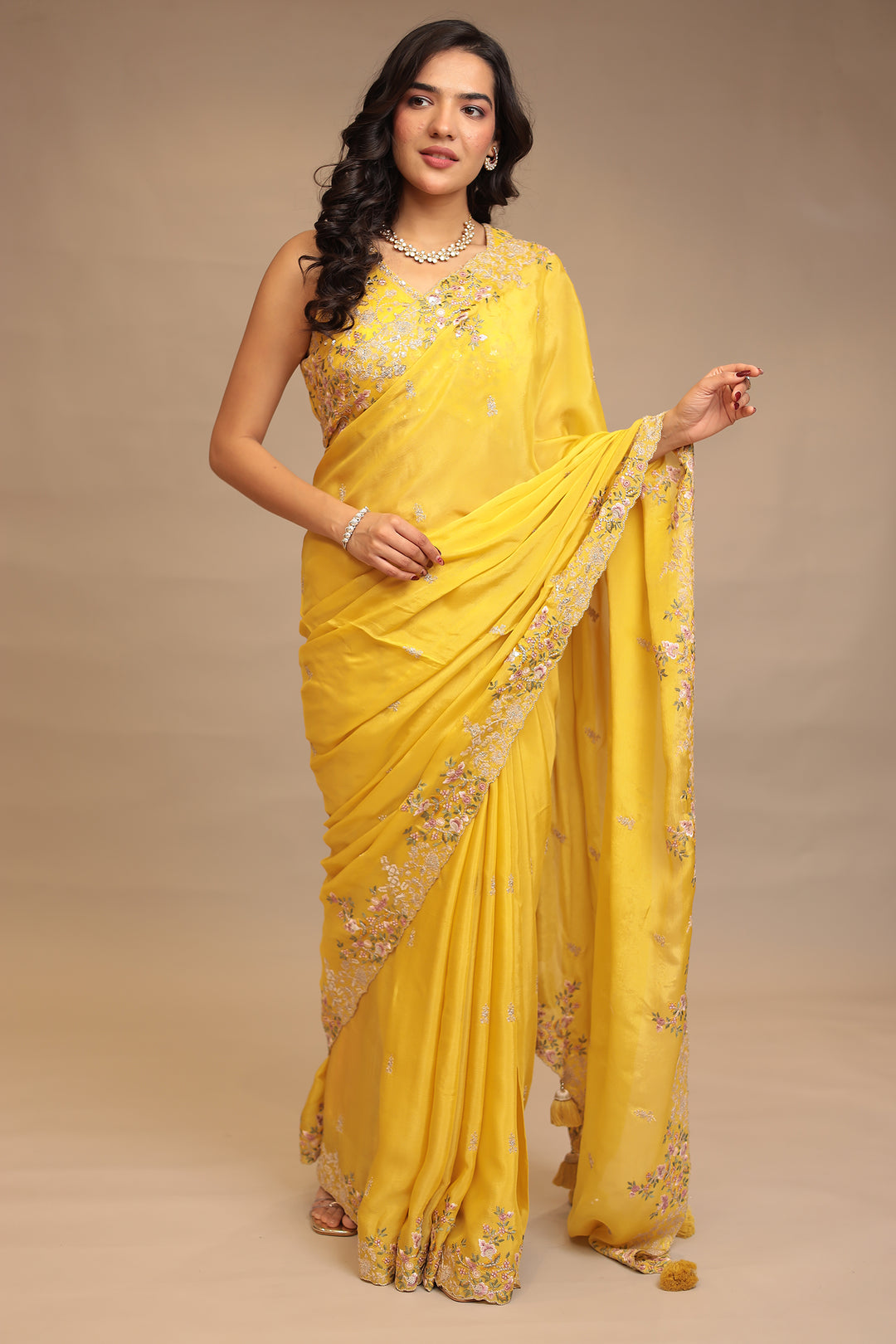 Chinon Saree with Sequins, Thread, Zari work
