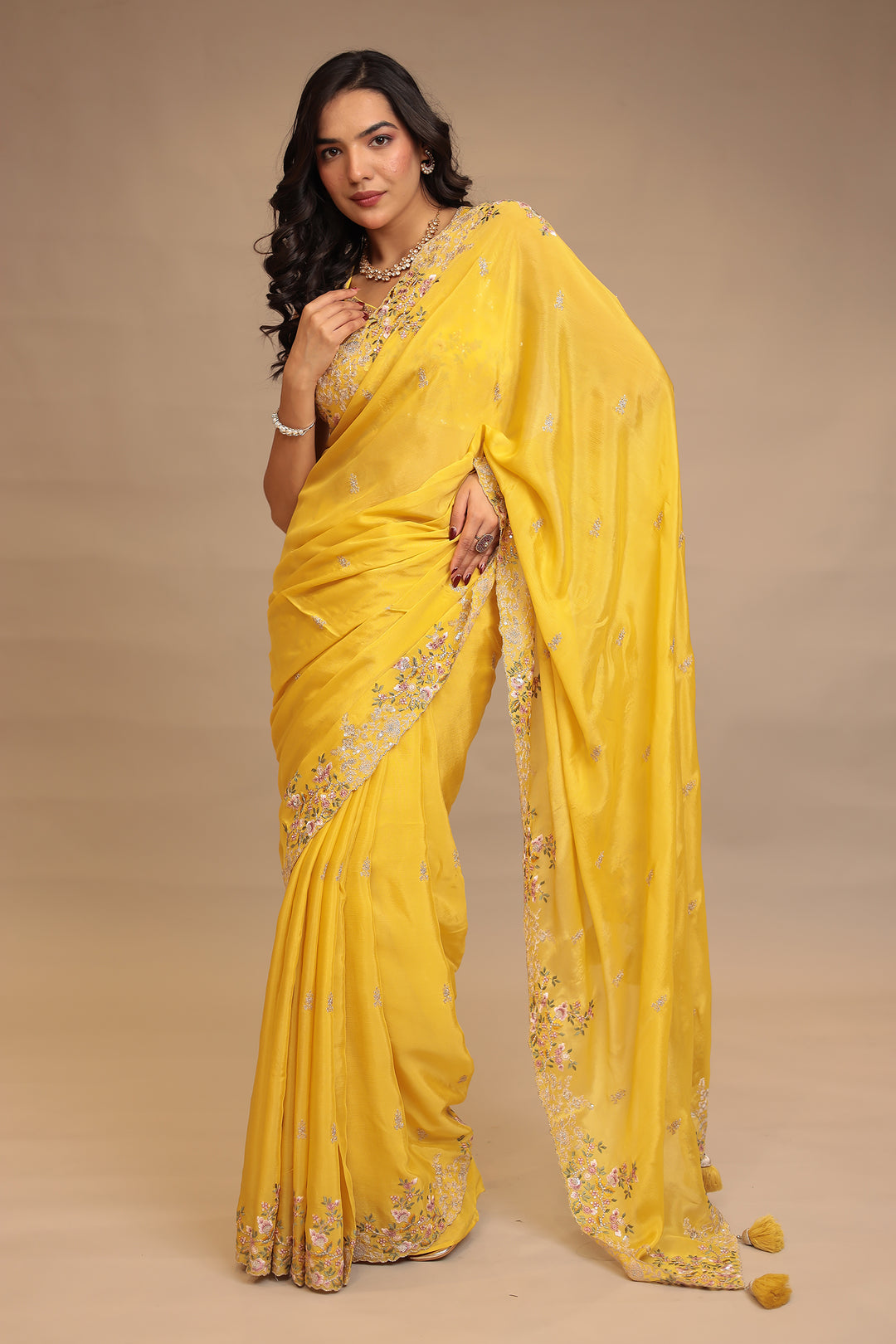 Chinon Saree with Sequins, Thread, Zari work