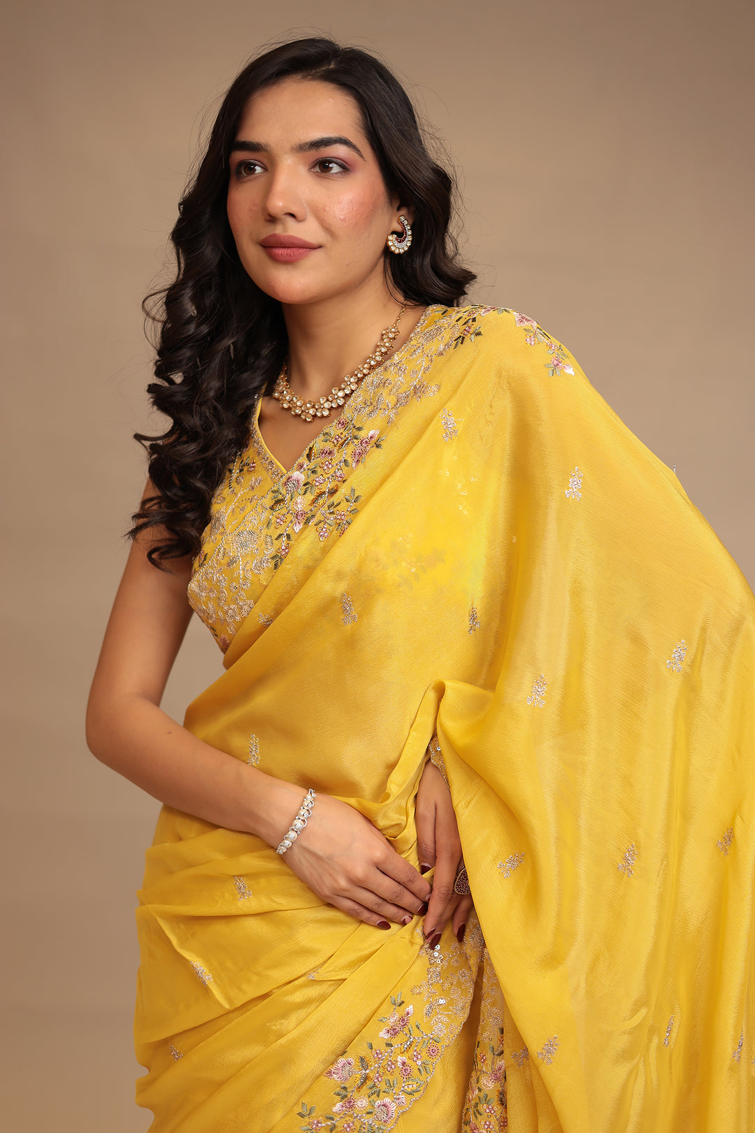 Chinon Saree with Sequins, Thread, Zari work