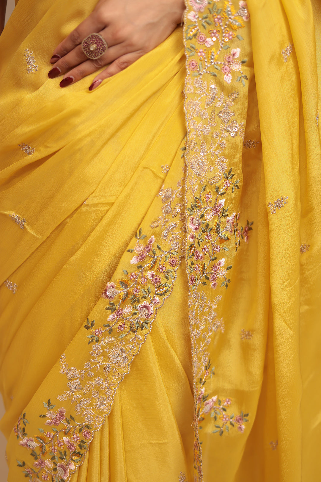 Chinon Saree with Sequins, Thread, Zari work