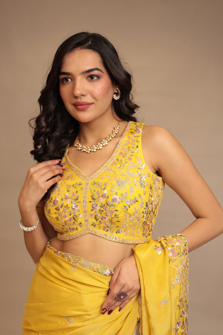 Chinon Saree with Sequins, Thread, Zari work