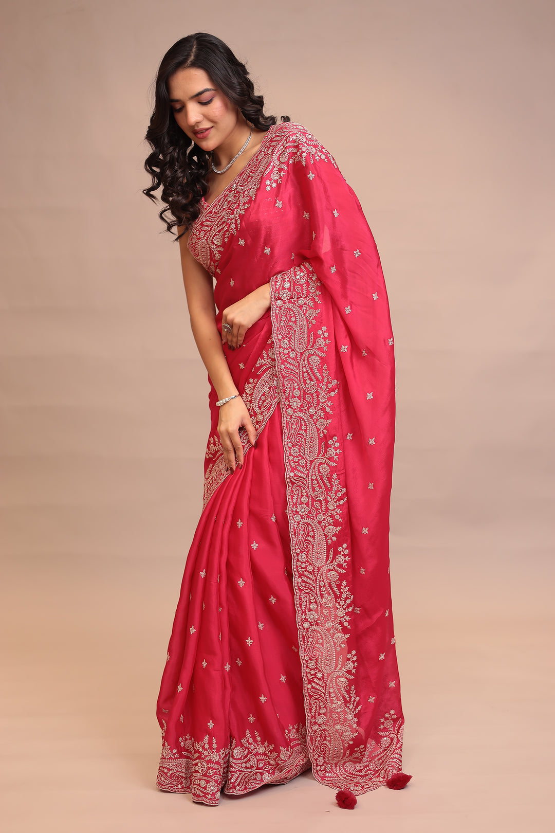 Chinon Saree with Sequins, Zari work.