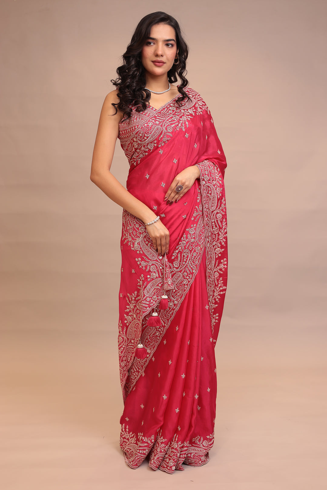 Chinon Saree with Sequins, Zari work.