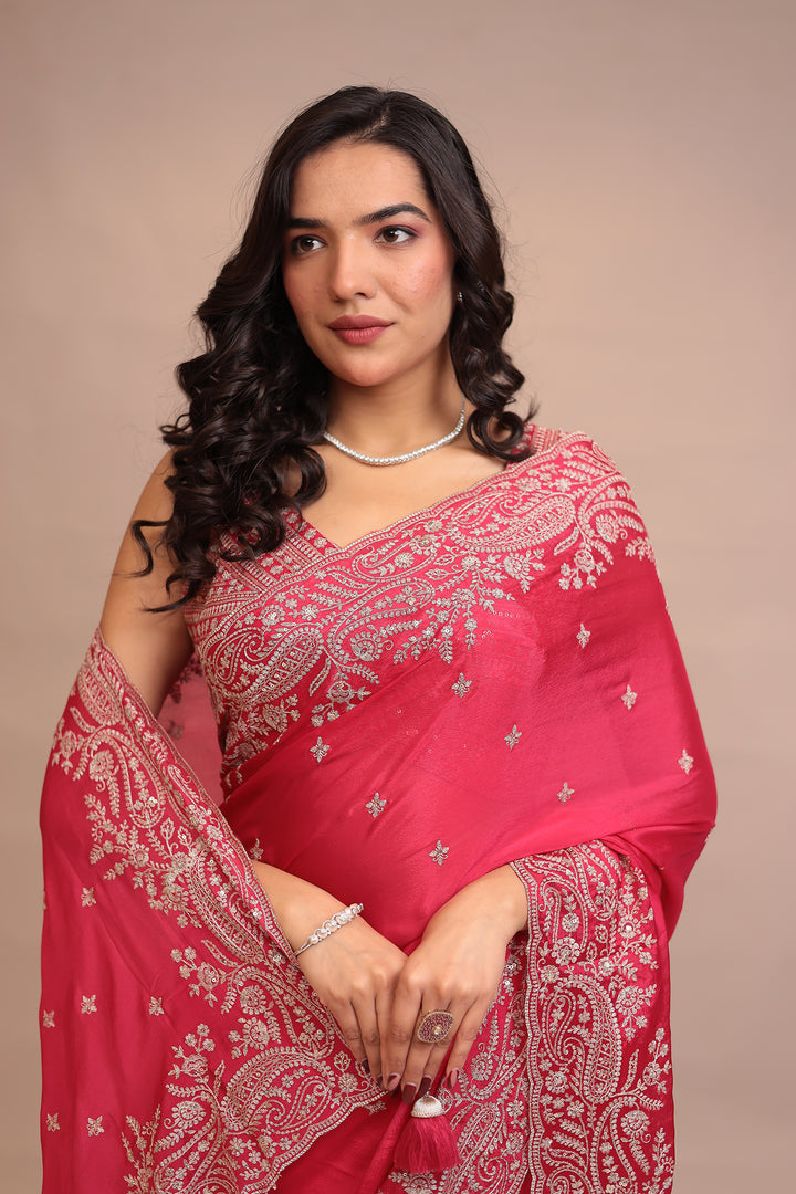 Chinon Saree with Sequins, Zari work.