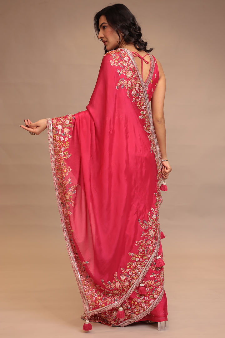 Chinon Saree with Sequins, Thread, Zari work.