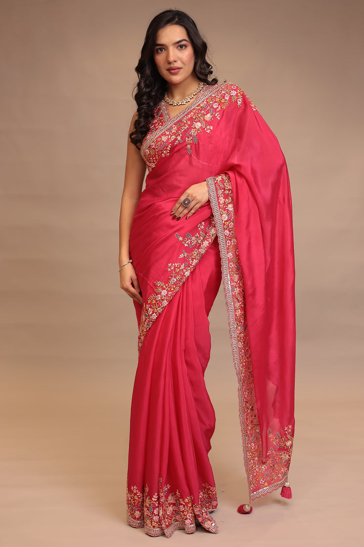 Chinon Saree with Sequins, Thread, Zari work.