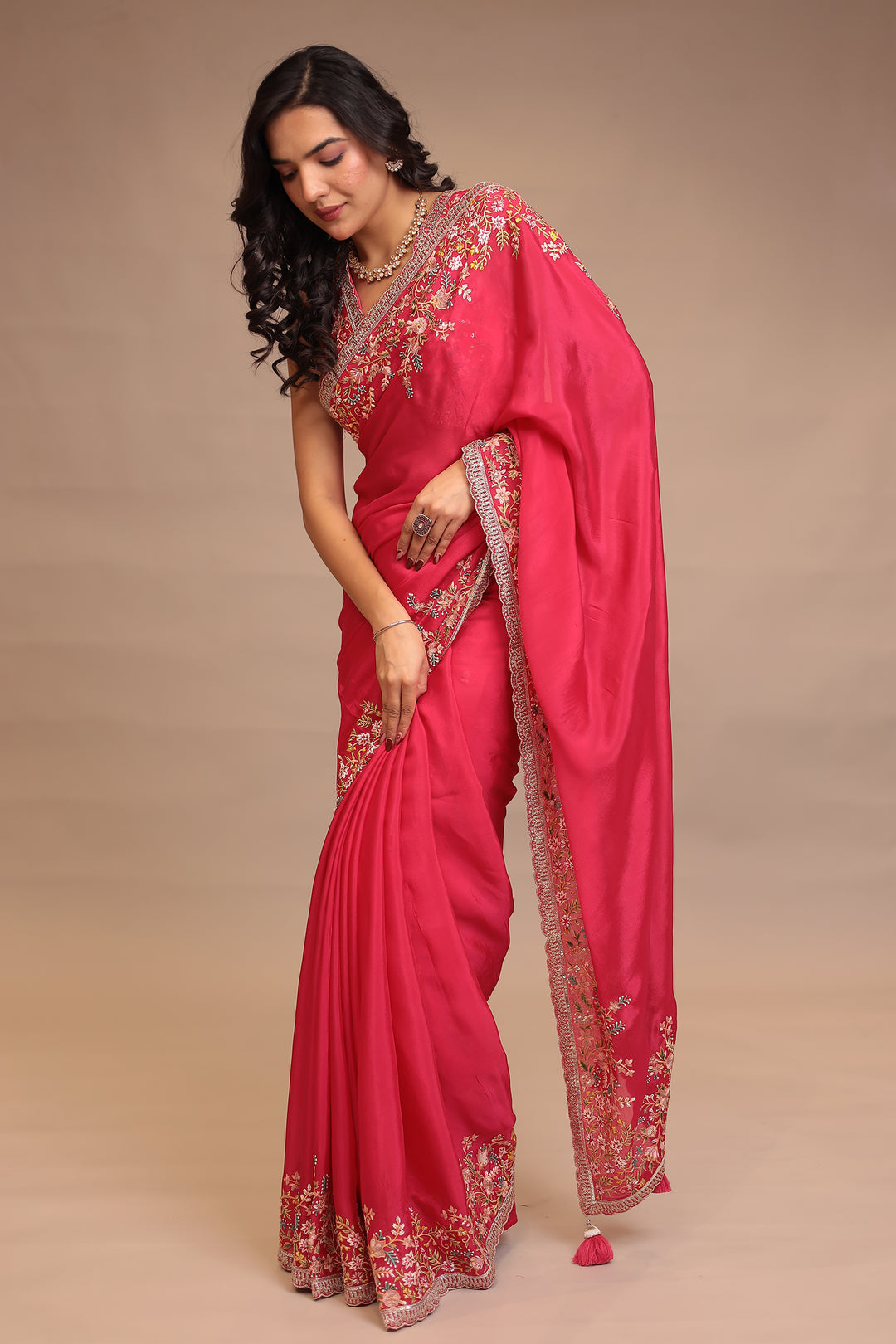 Chinon Saree with Sequins, Thread, Zari work.