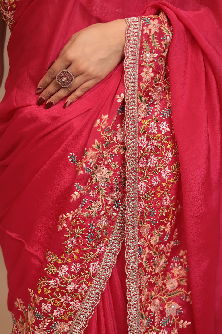 Chinon Saree with Sequins, Thread, Zari work.