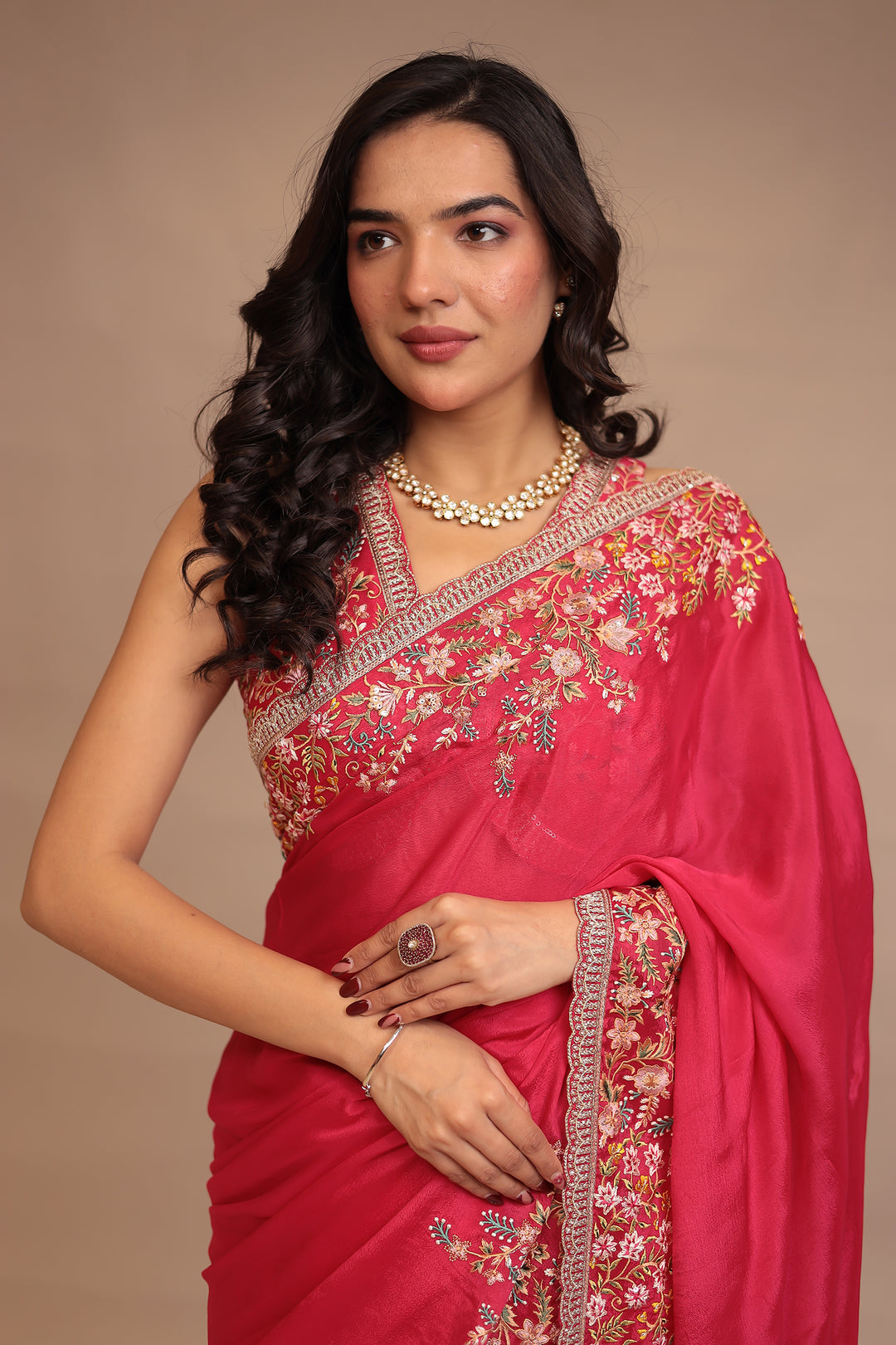 Chinon Saree with Sequins, Thread, Zari work.