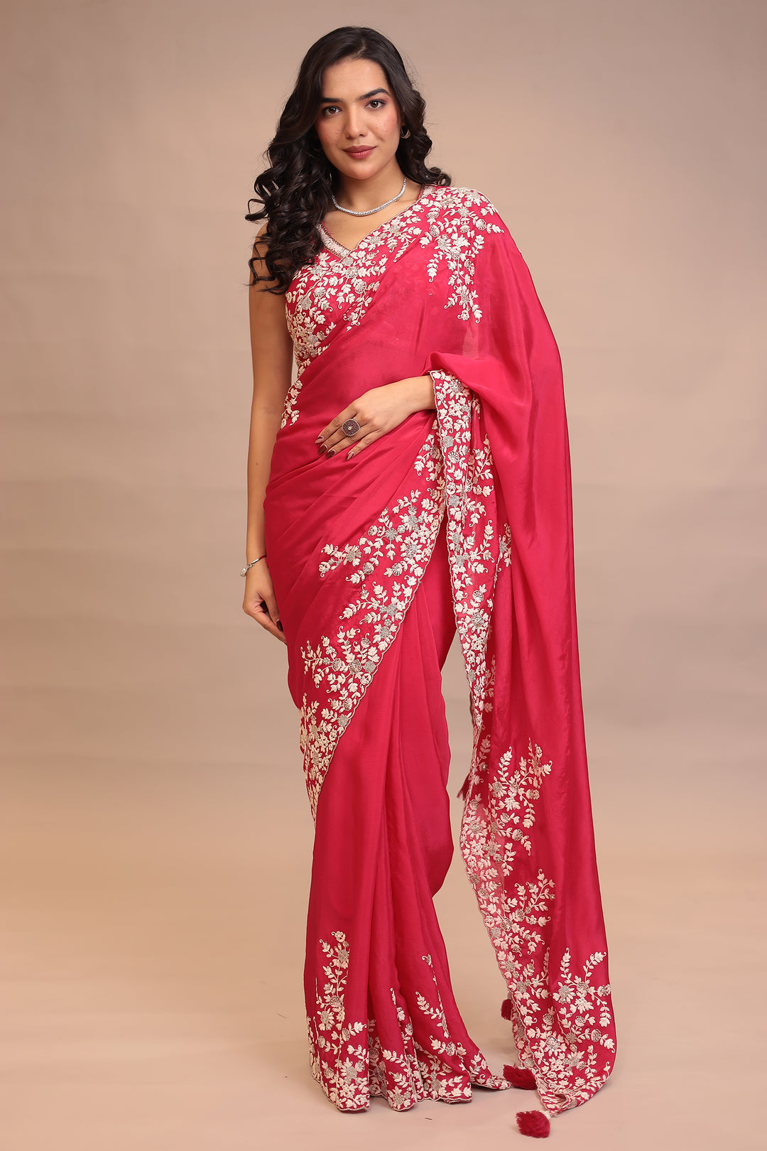 Chinon Saree with Aari, Sequins, Thread work