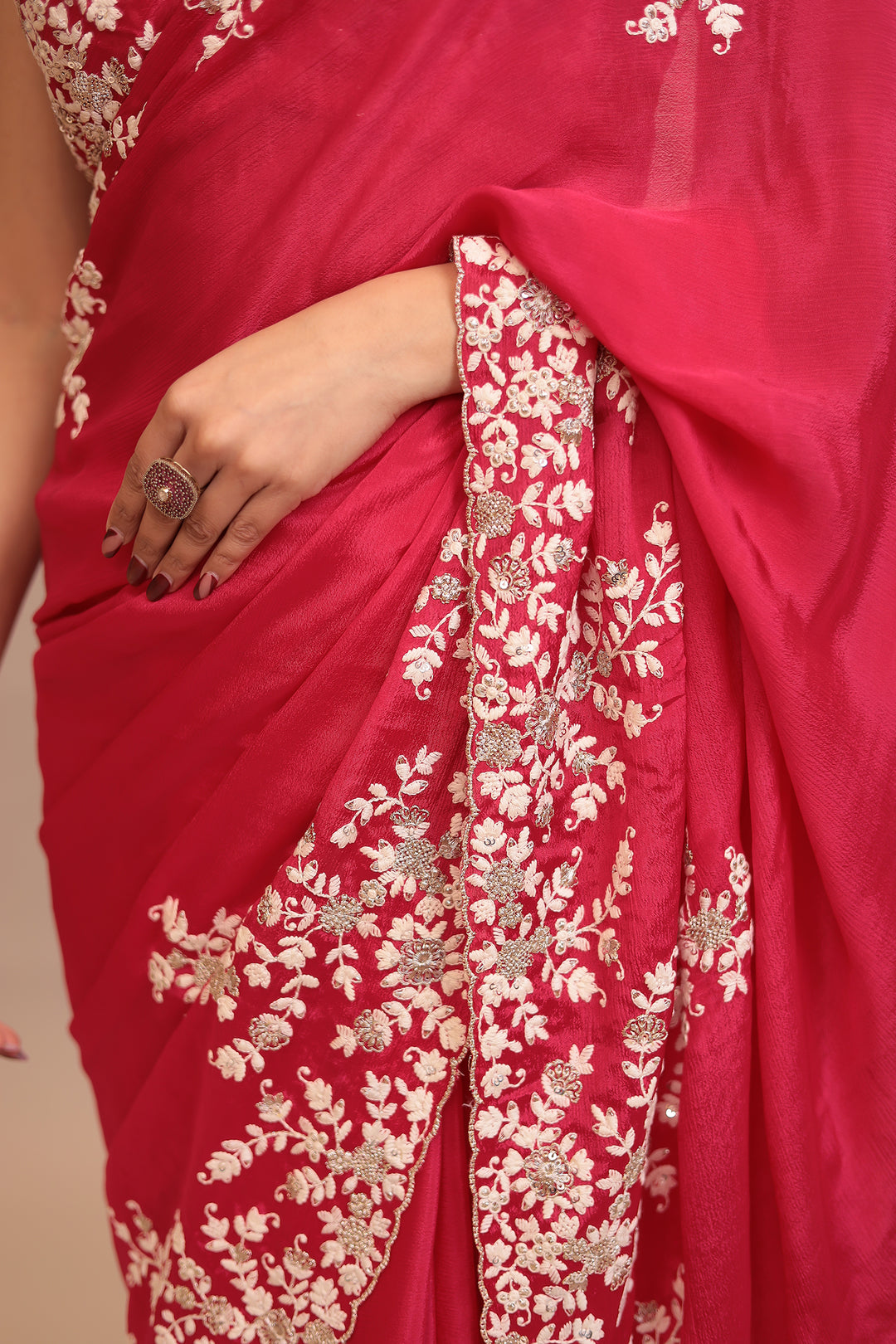 Chinon Saree with Aari, Sequins, Thread work