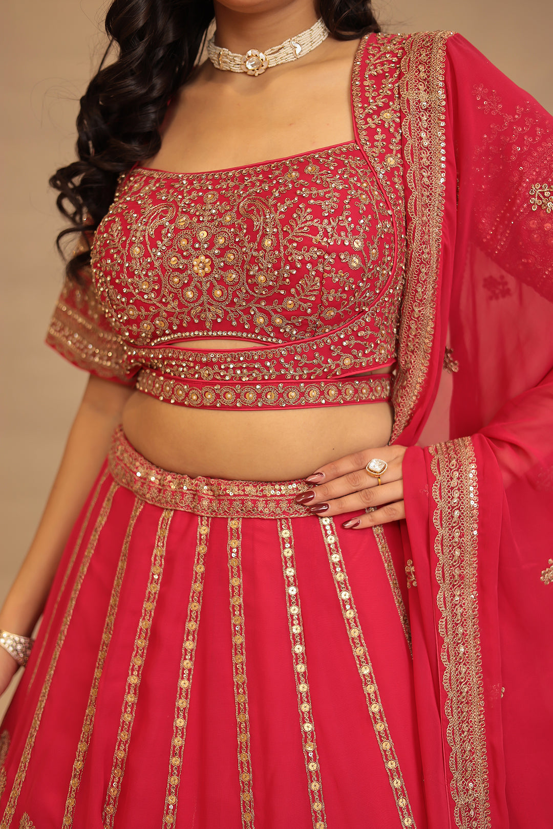 Georgette Lehenga with Pearl, Sequins, Thread, Zari work.