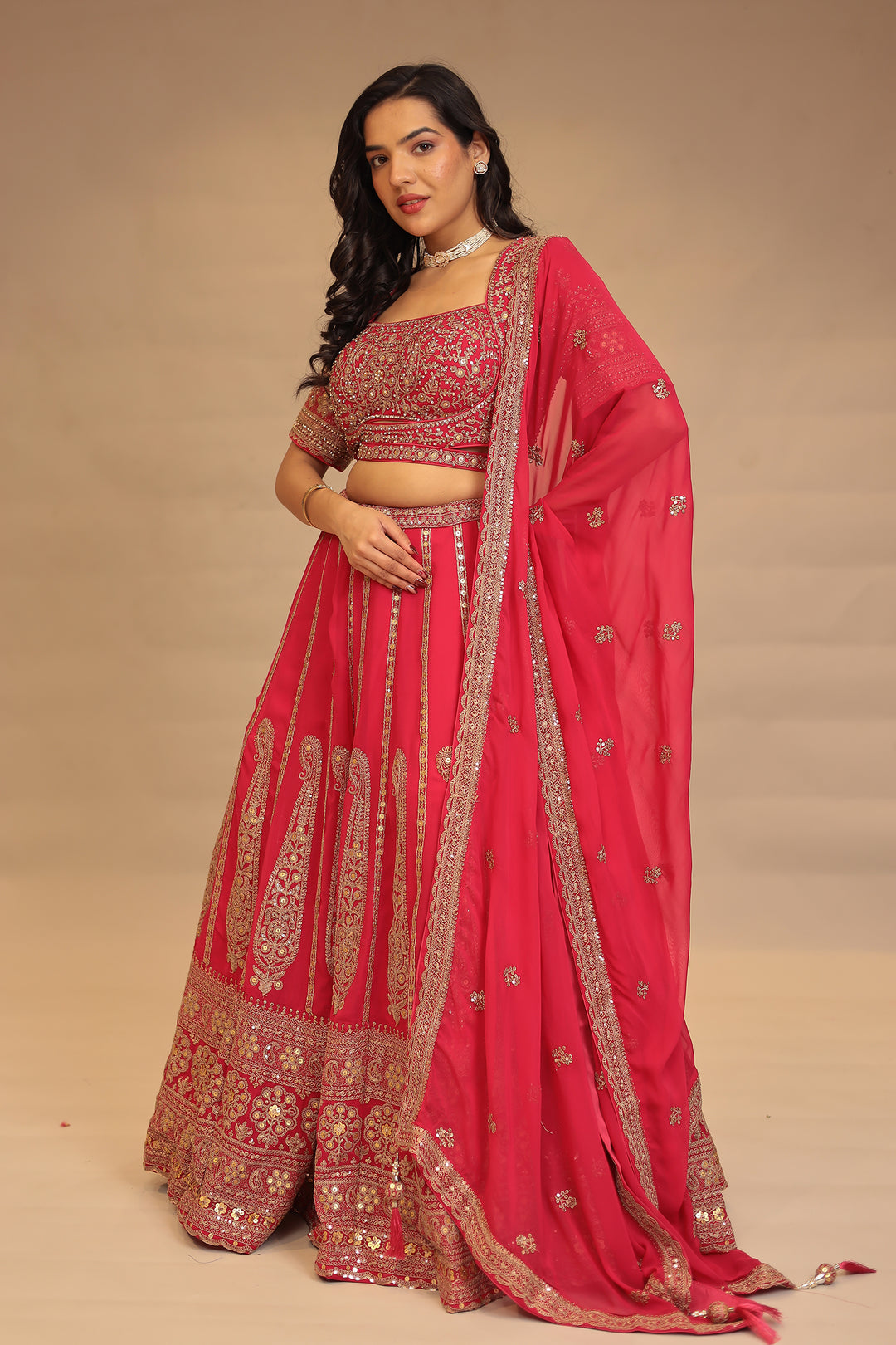 Georgette Lehenga with Pearl, Sequins, Thread, Zari work.