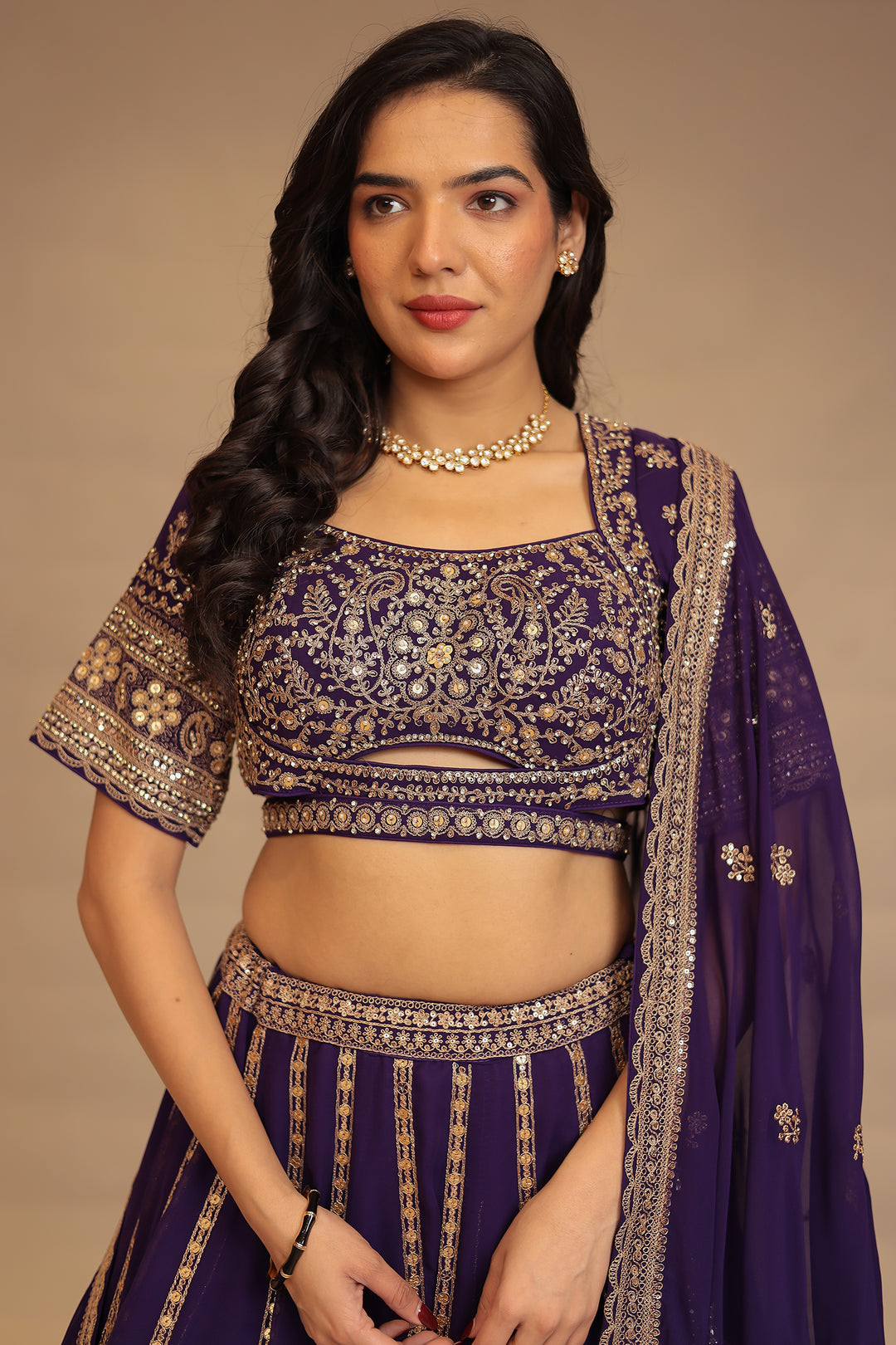 Georgette Lehenga with Pearl, Sequins, Thread work.