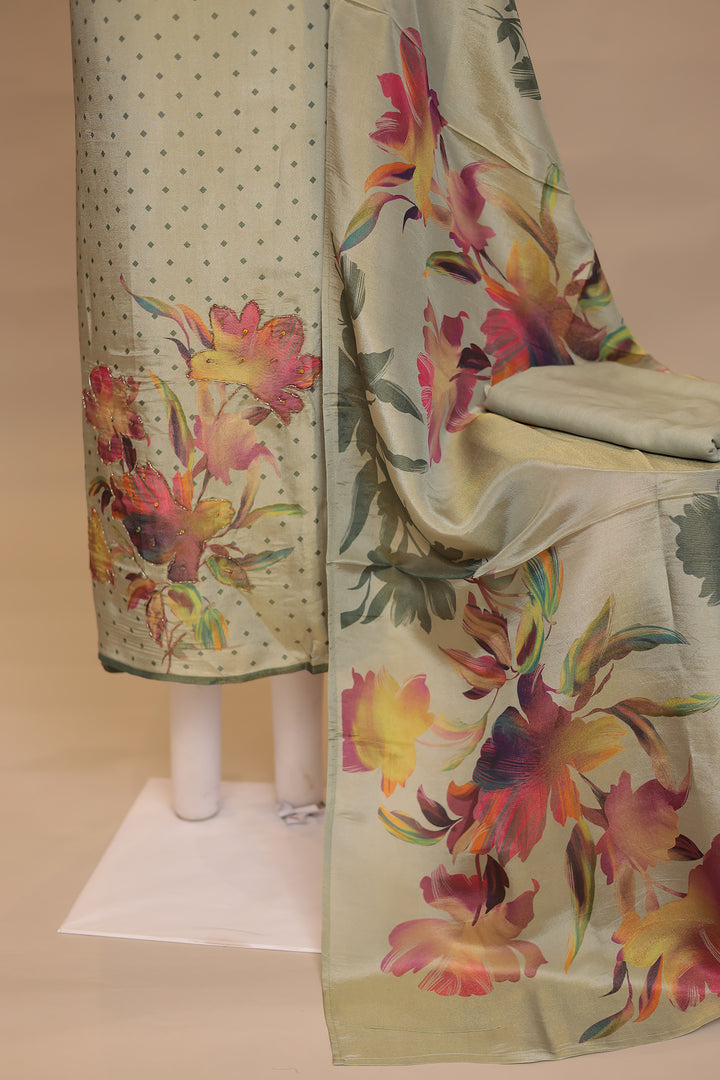 Digital Print, Tissue Unstitched Suit with Cutdana, Sequins work