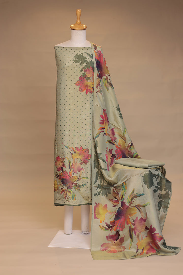 Digital Print, Tissue Unstitched Suit with Cutdana, Sequins work