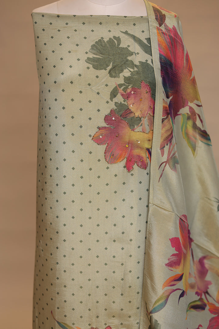 Digital Print, Tissue Unstitched Suit with Cutdana, Sequins work