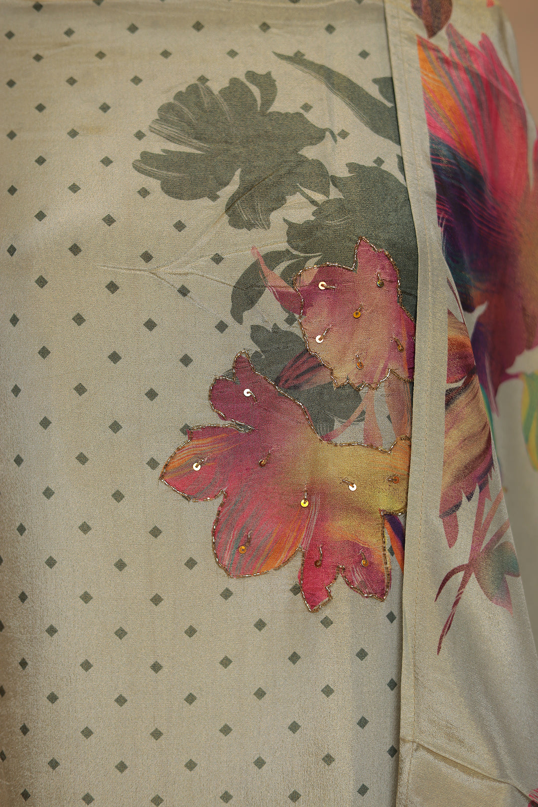 Digital Print, Tissue Unstitched Suit with Cutdana, Sequins work