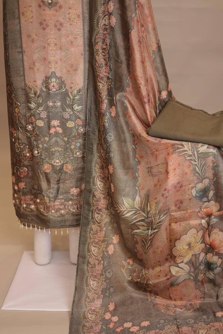 Digital Print Tissue Unstitched Suit with Cutdana, Pearl work