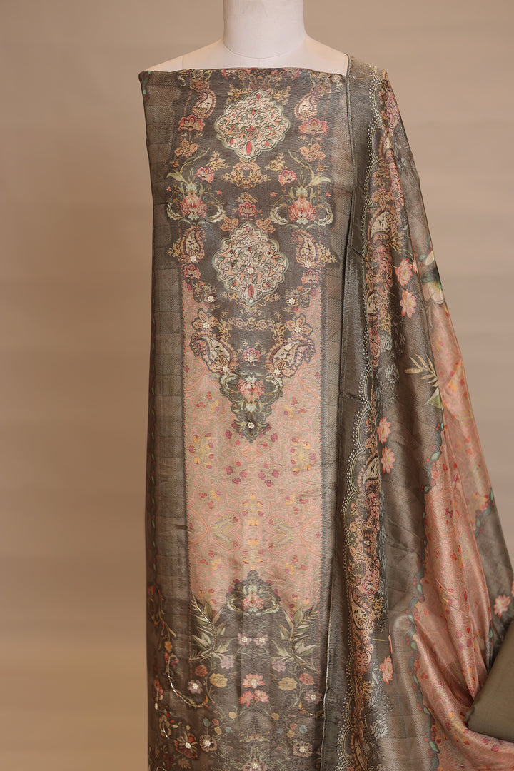 Digital Print Tissue Unstitched Suit with Cutdana, Pearl work
