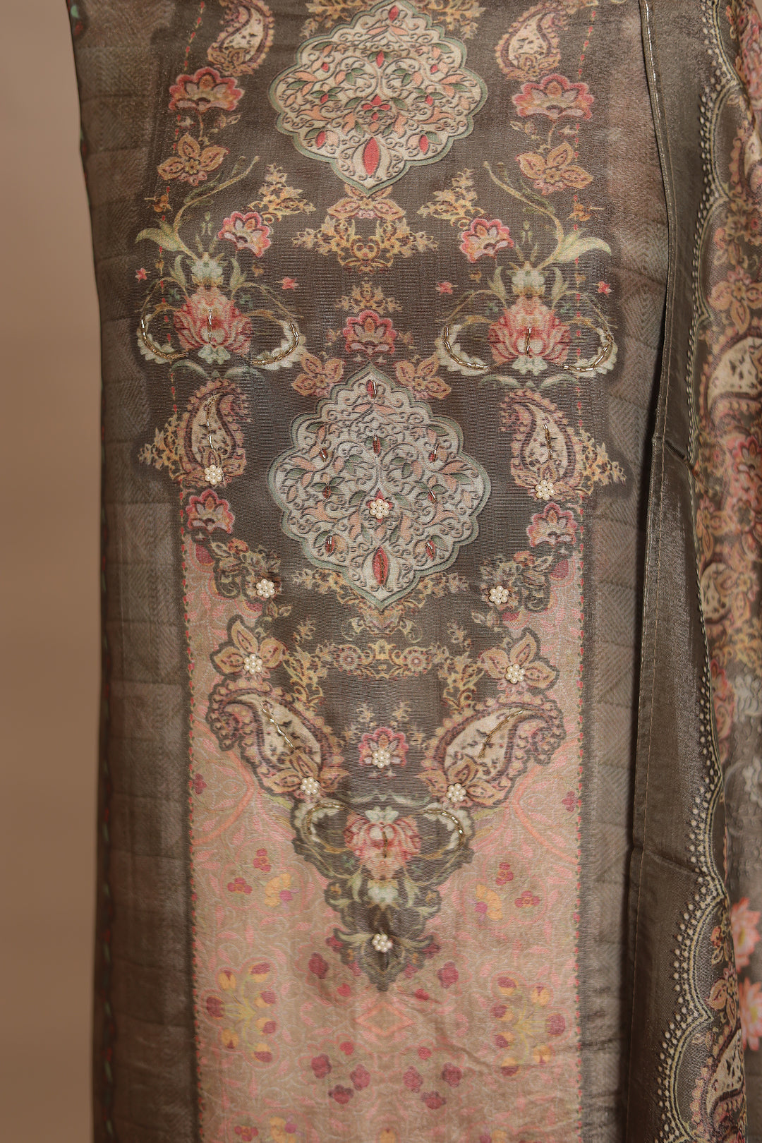 Digital Print Tissue Unstitched Suit with Cutdana, Pearl work