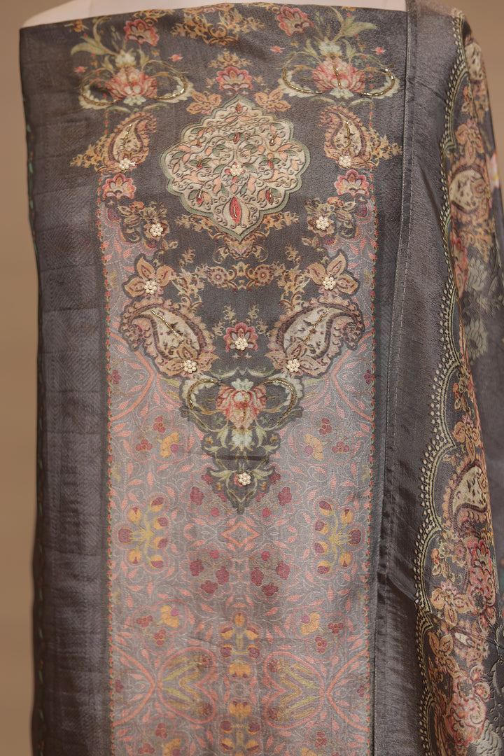 Digital Print Tissue Unstitched Suit with Cutdana work