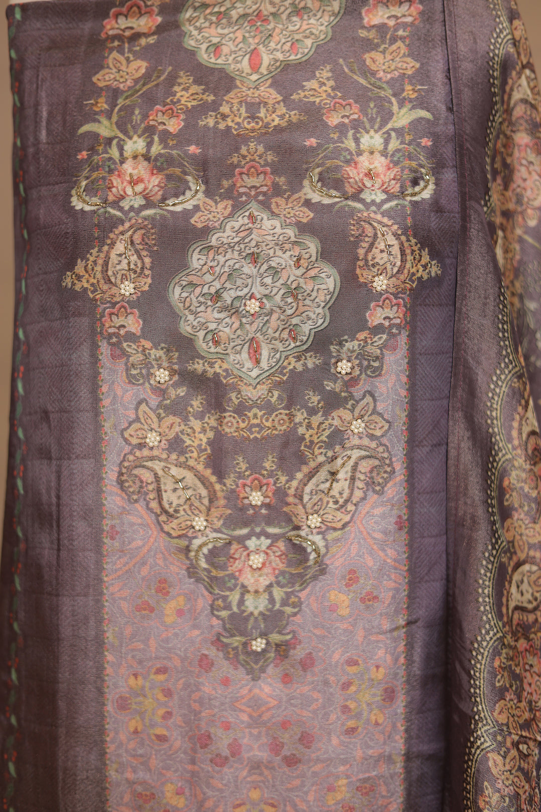 Digital Print Organza Unstitched Suit with Cutdana, Pearl work