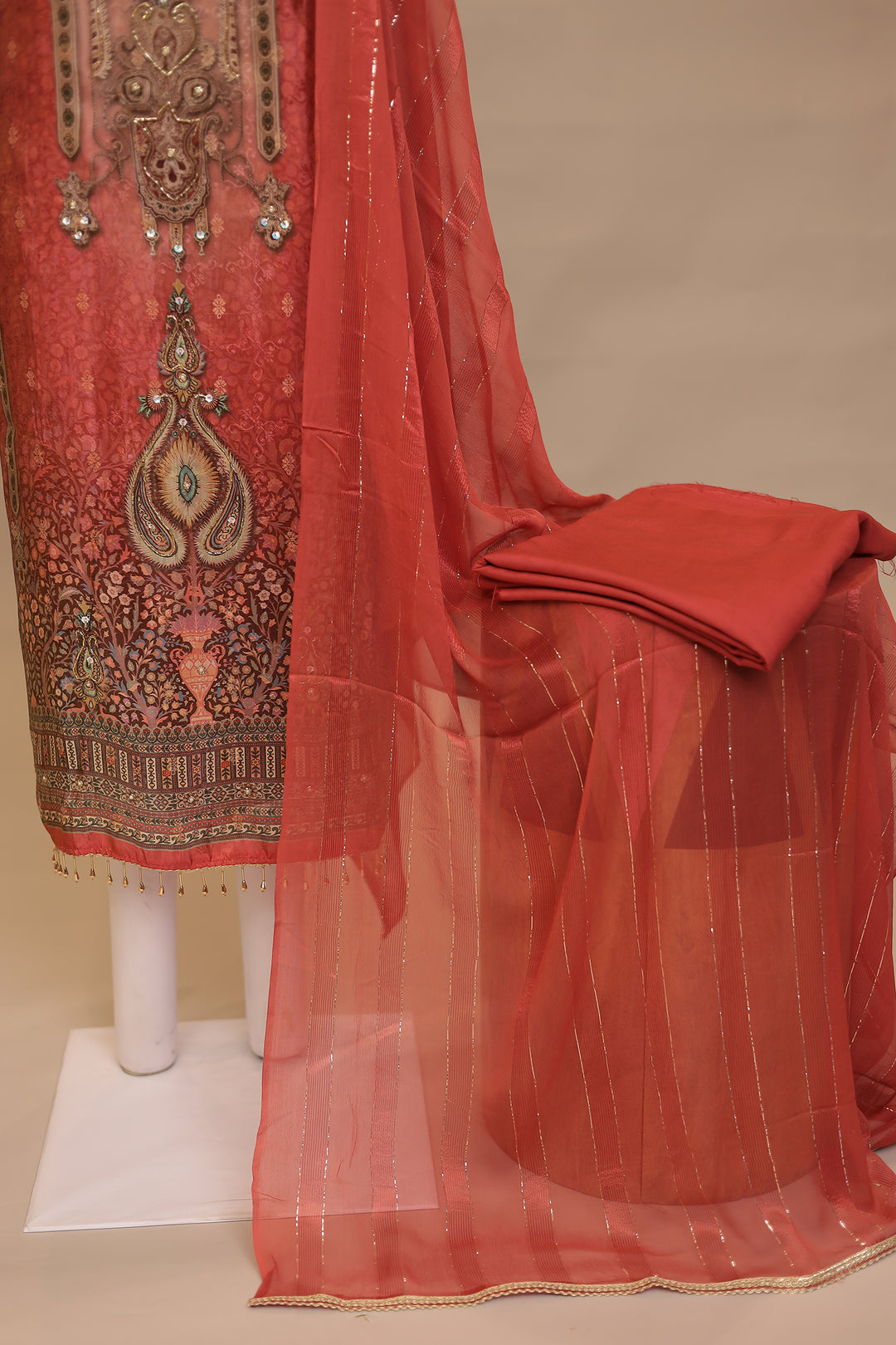 Digital Print Dola silk Unstitched Suit with Cutdana Pearl, Sequins work
