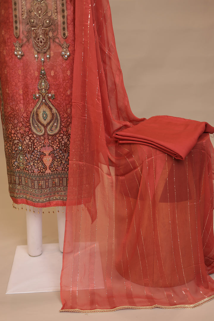 Digital Print Dola silk Unstitched Suit with Cutdana Pearl, Sequins work