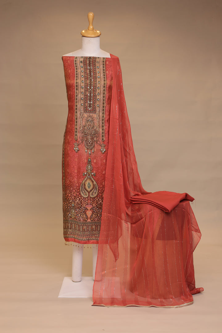 Digital Print Dola silk Unstitched Suit with Cutdana Pearl, Sequins work