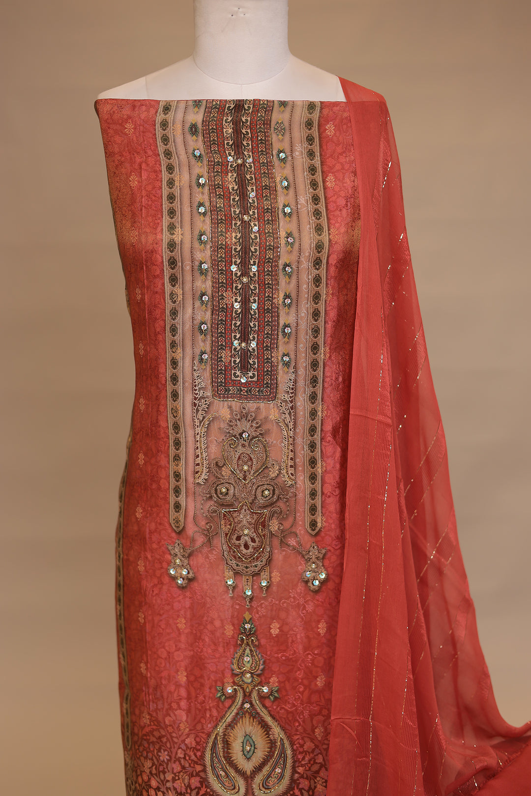 Digital Print Dola silk Unstitched Suit with Cutdana Pearl, Sequins work