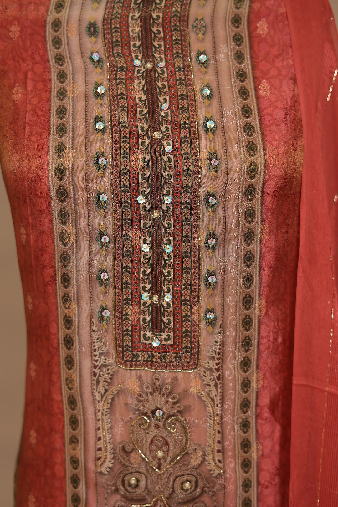 Digital Print Dola silk Unstitched Suit with Cutdana Pearl, Sequins work