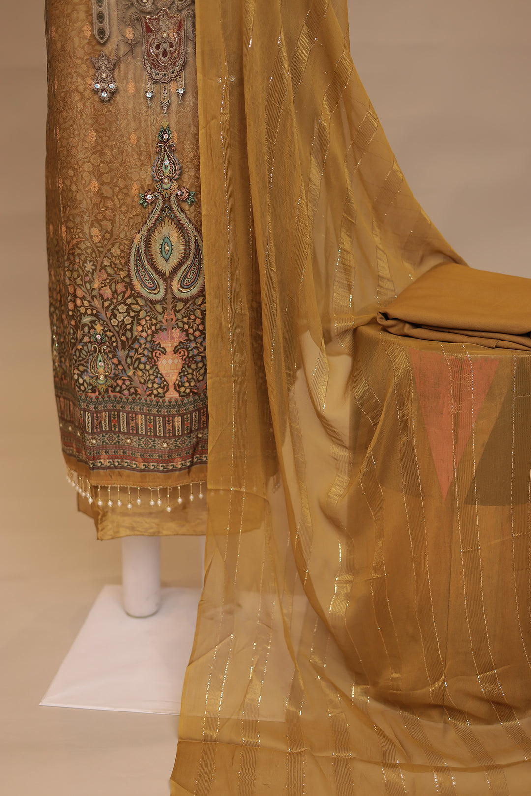 Digital Print Tissue Unstitched Suit with Cutdana, Pearl, Sequins work