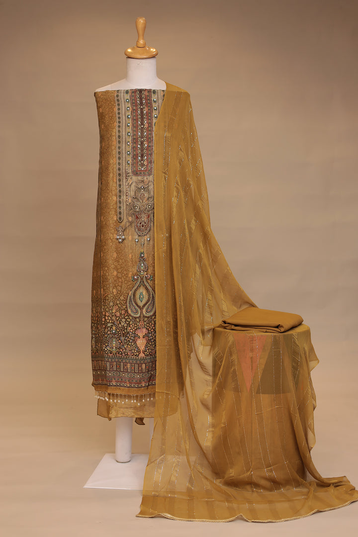 Digital Print Tissue Unstitched Suit with Cutdana, Pearl, Sequins work