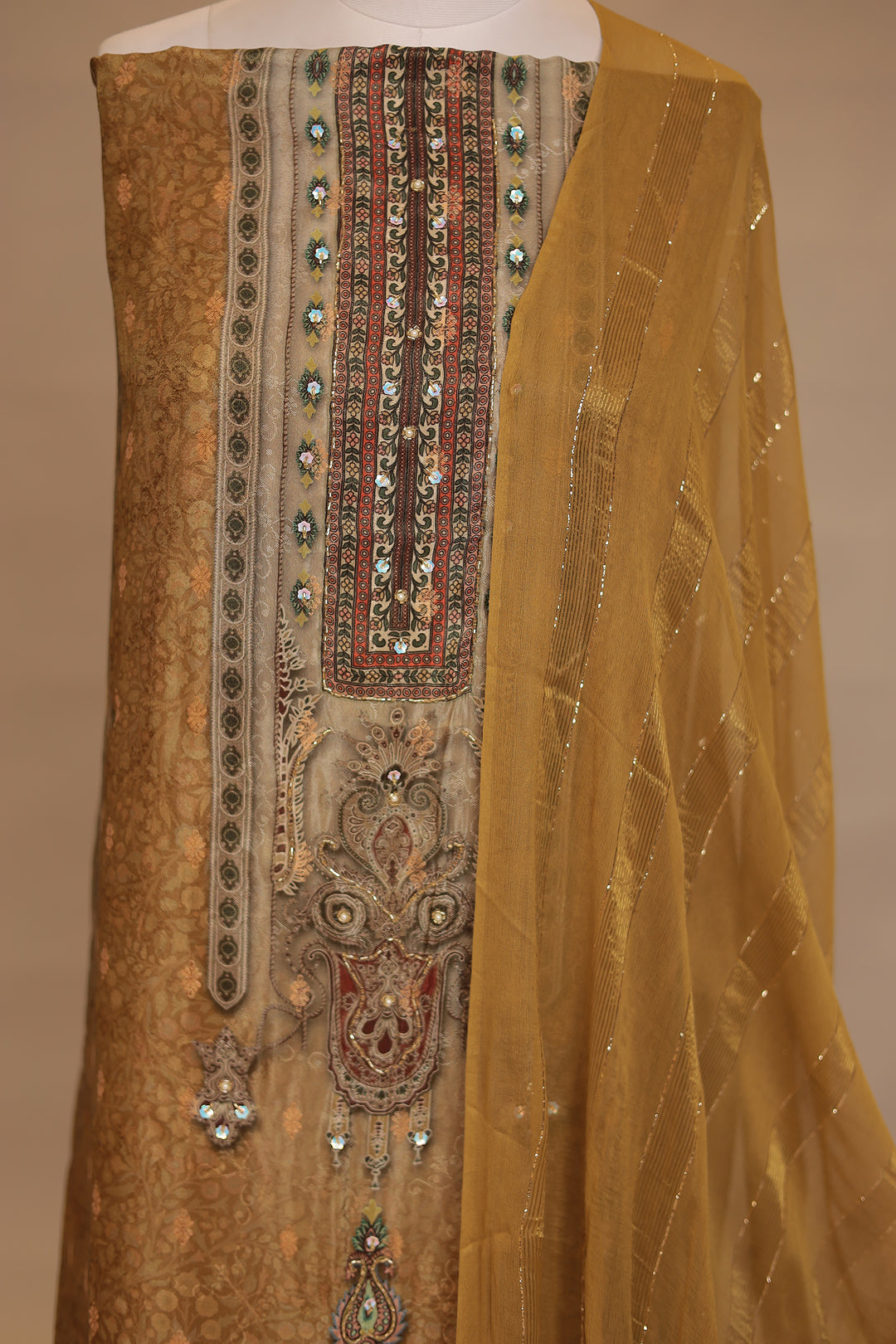 Digital Print Tissue Unstitched Suit with Cutdana, Pearl, Sequins work