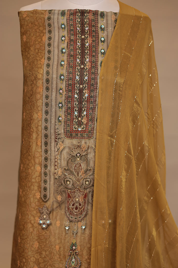 Digital Print Tissue Unstitched Suit with Cutdana, Pearl, Sequins work