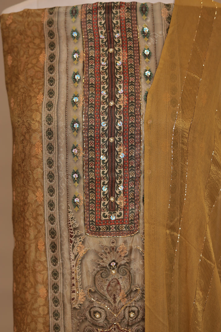 Digital Print Tissue Unstitched Suit with Cutdana, Pearl, Sequins work