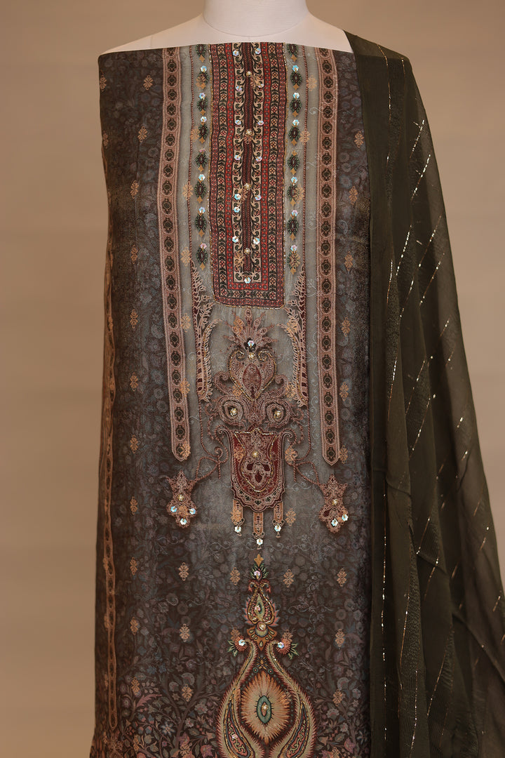 Digital Print Tissue Unstitched Suit with Cutdana work