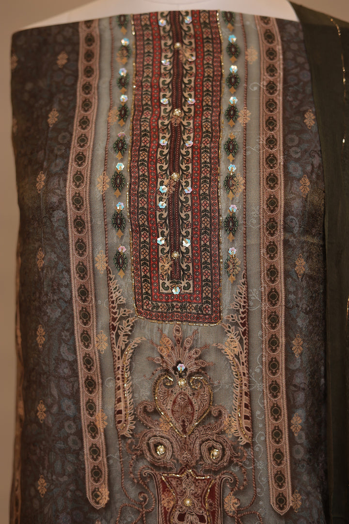 Digital Print Tissue Unstitched Suit with Cutdana work