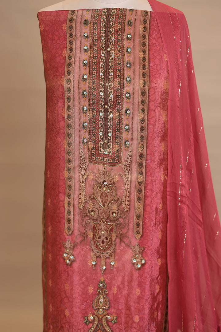 Digital Print Dola silk Unstitched Suit with Cutdana, Sequins work