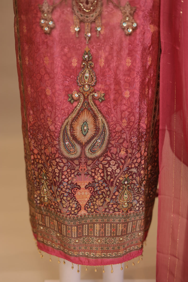 Digital Print Dola silk Unstitched Suit with Cutdana, Sequins work