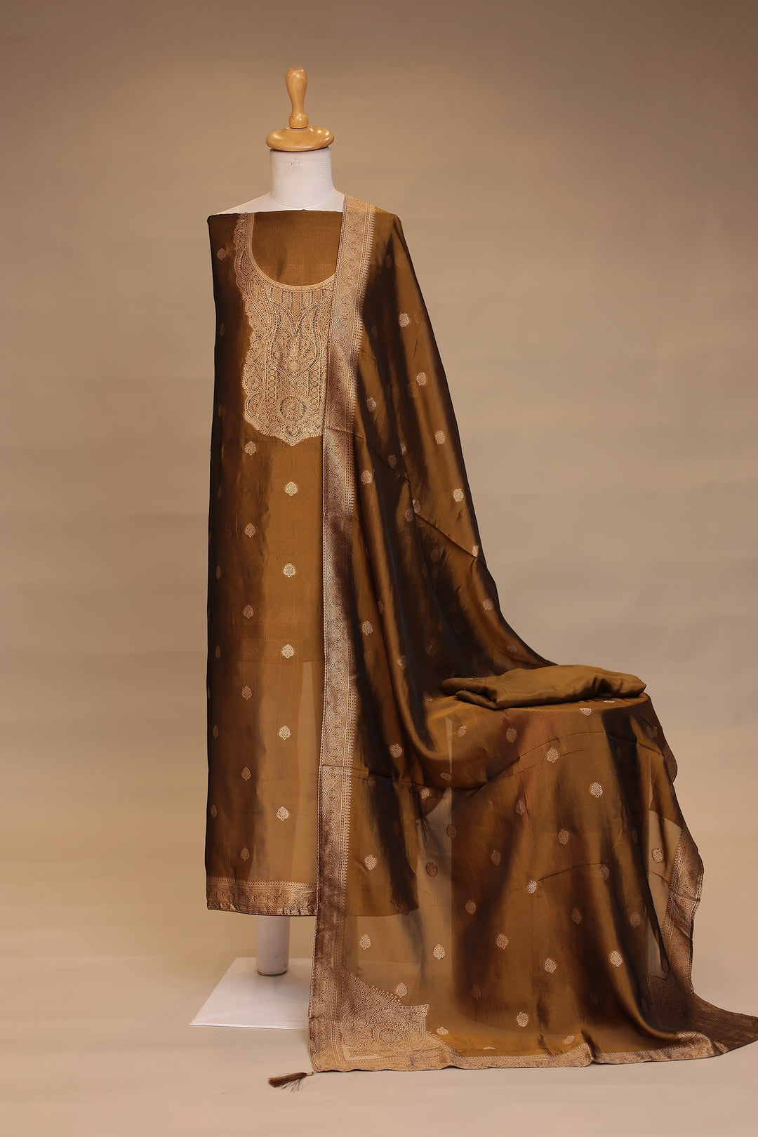 Banarasi silk Unstitched Suit with Cutdana work.
