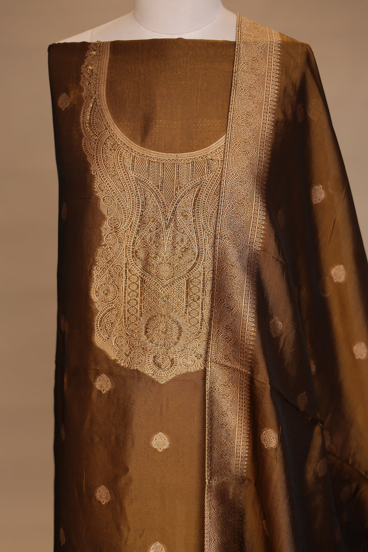 Banarasi silk Unstitched Suit with Cutdana work.
